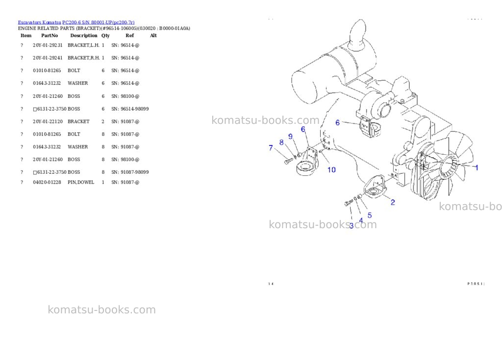 Komatsu pc200-6 s/n 80001-up overseas version Parts catalog cover Komatsu pc200-6 s/n 80001-up overseas version Parts catalog cover