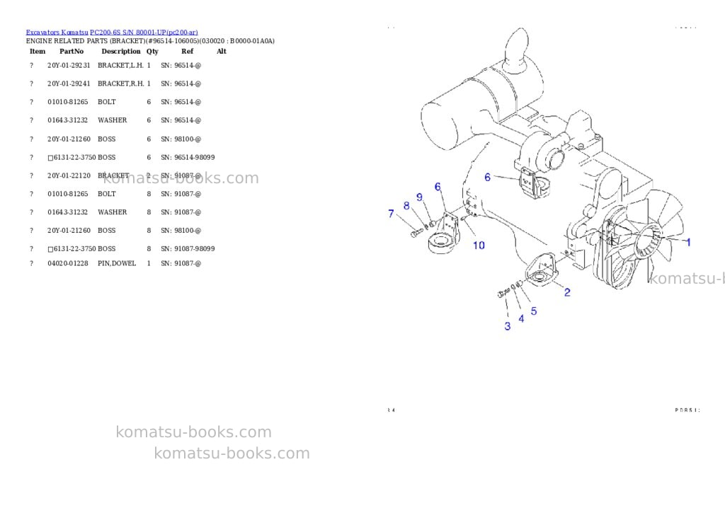 Komatsu pc200-6s s/n 80001-up Parts catalog cover Komatsu pc200-6s s/n 80001-up Parts catalog cover