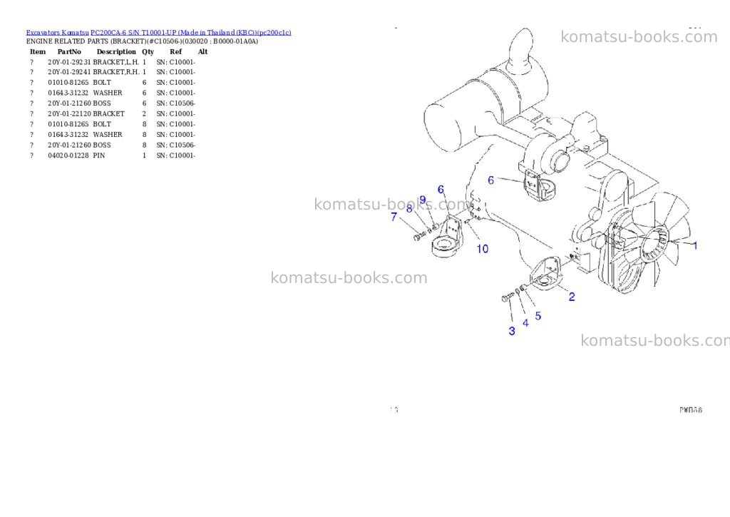 Komatsu pc200ca-6 s/n t10001-up made in thailand kbc Parts catalog cover