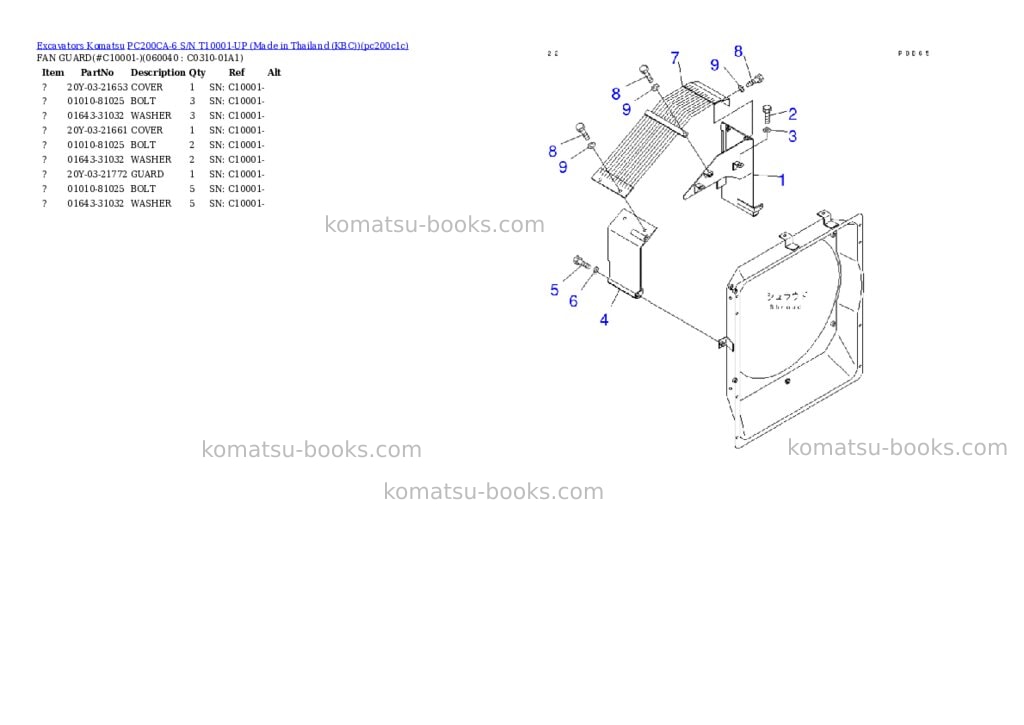 Komatsu pc200ca-6 s/n t10001-up made in thailand kbc Parts catalog cover Page 9