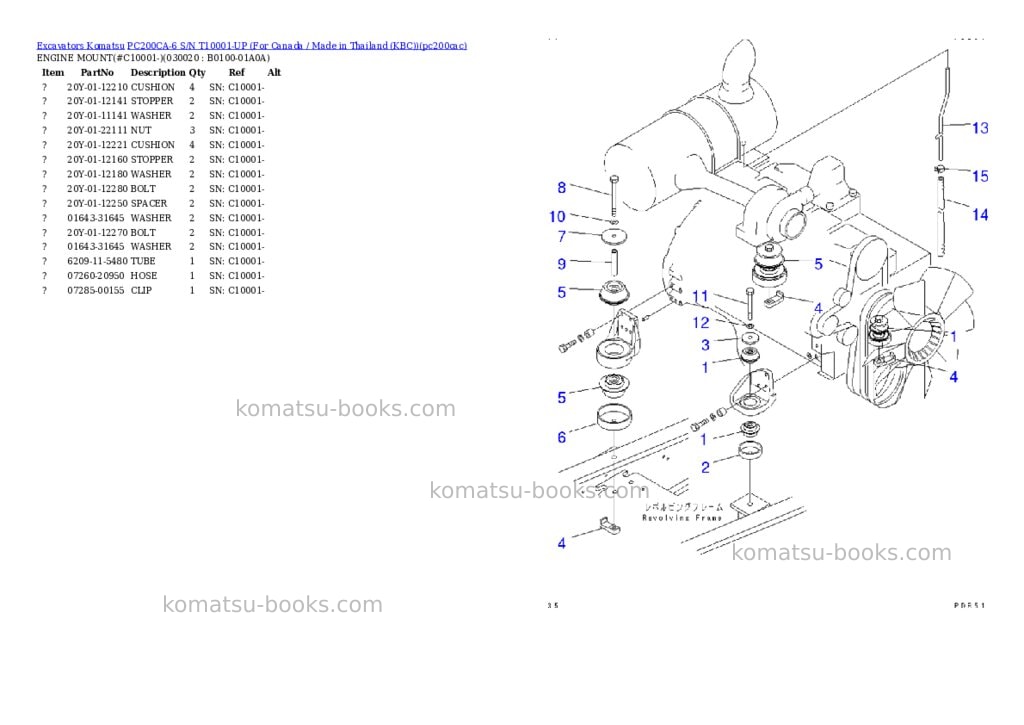 Komatsu pc200ca-6 s/n t10001-up for canada / made in thailand kbc Parts catalog cover