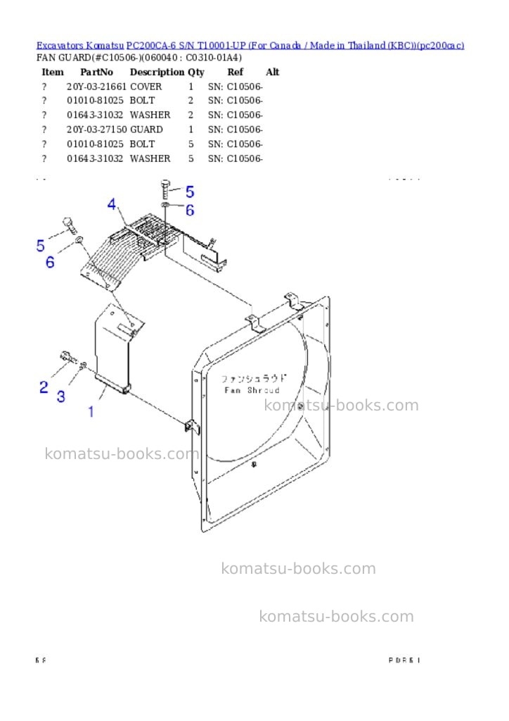 Komatsu pc200ca-6 s/n t10001-up for canada / made in thailand kbc Parts catalog cover Page 8