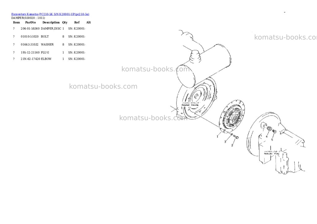 Komatsu pc210-5k s/n k20001-up Parts catalog cover Komatsu pc210-5k s/n k20001-up Parts catalog cover