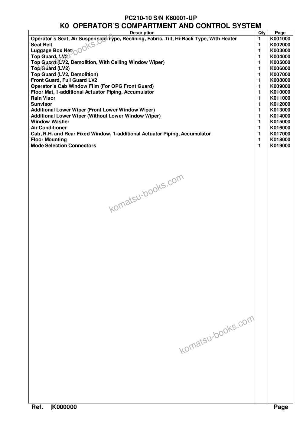 Komatsu pc210-10 s/n k60001-up Catalogue de pièces couverture Page 9