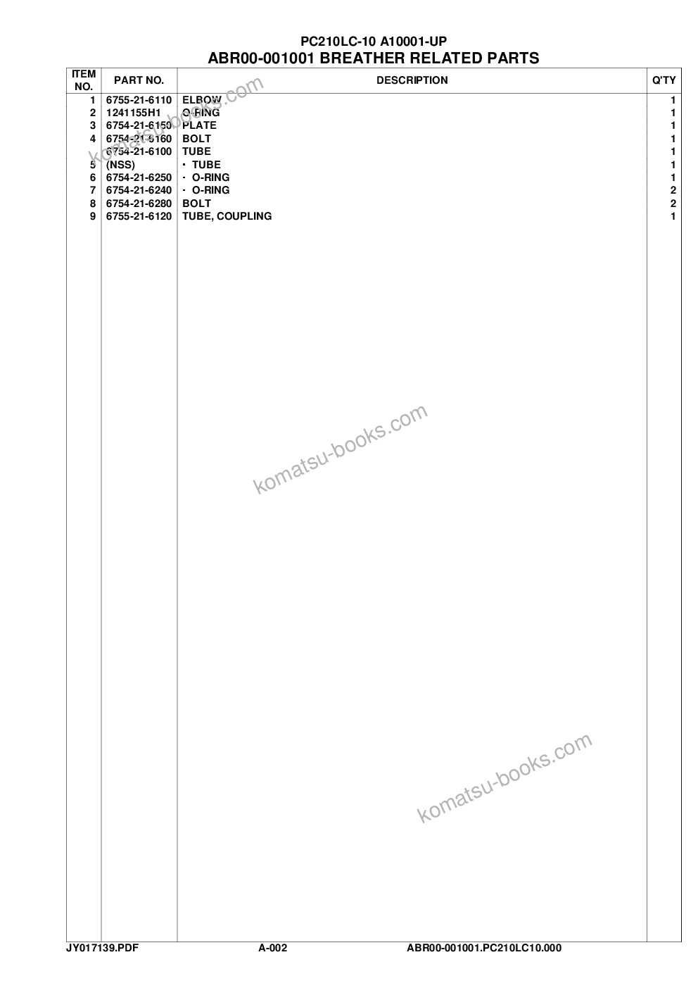 Komatsu pc210lc-10 a10001-up Parts catalog cover Page 5 Komatsu pc210lc-10 a10001-up Parts catalog cover Page 5