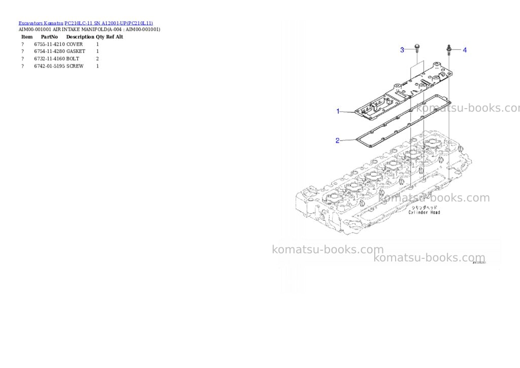 Komatsu pc210lc-11 sn a12001-up Parts catalog cover Komatsu pc210lc-11 sn a12001-up Parts catalog cover