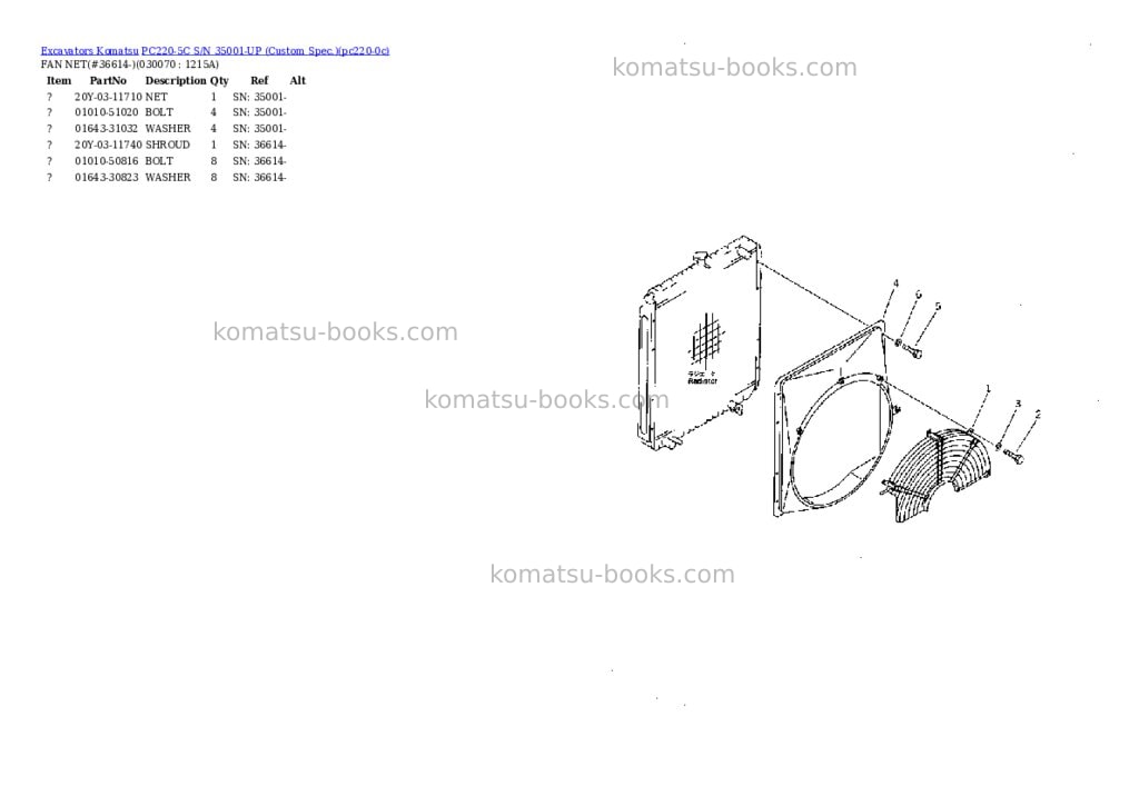 Komatsu PC220-5C S/N 35001-UP (Custom Spec.) Parts catalog cover Page 6 Komatsu PC220-5C S/N 35001-UP (Custom Spec.) Parts catalog cover Page 6