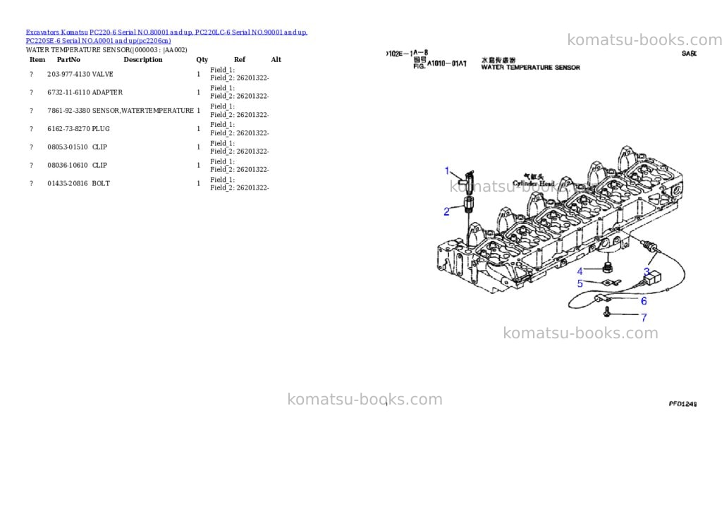Komatsu pc220-6 serial no.80001 and up, pc220lc-6 serial no.90001 and up, pc220se-6 serial no.a0001 and up Parts catalog cover Komatsu pc220-6 serial no.80001 and up, pc220lc-6 serial no.90001 and up, pc220se-6 serial no.a0001 and up Parts catalog cover