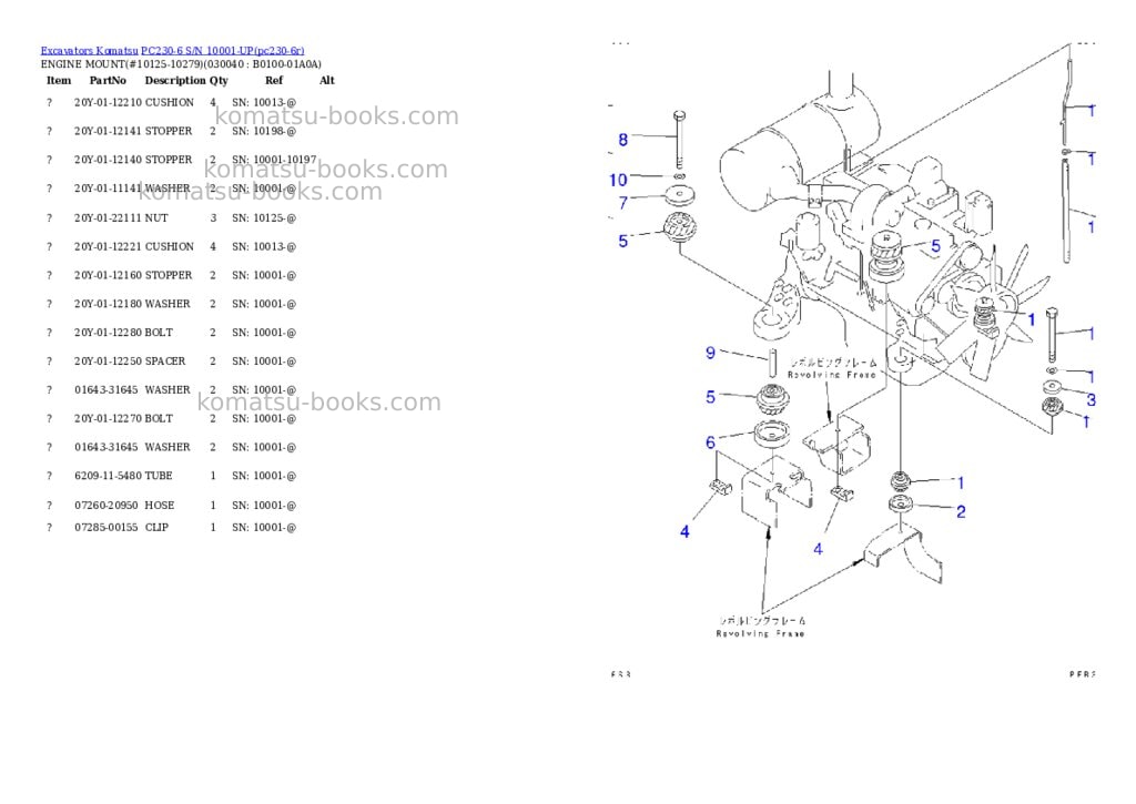 Komatsu PC230-6 S/N 10001-UP Parts catalog cover Page 3 Komatsu PC230-6 S/N 10001-UP Parts catalog cover Page 3