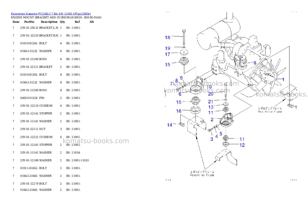 Komatsu pc230lc-7-ba s/n 11001-up Parts catalog cover Komatsu pc230lc-7-ba s/n 11001-up Parts catalog cover