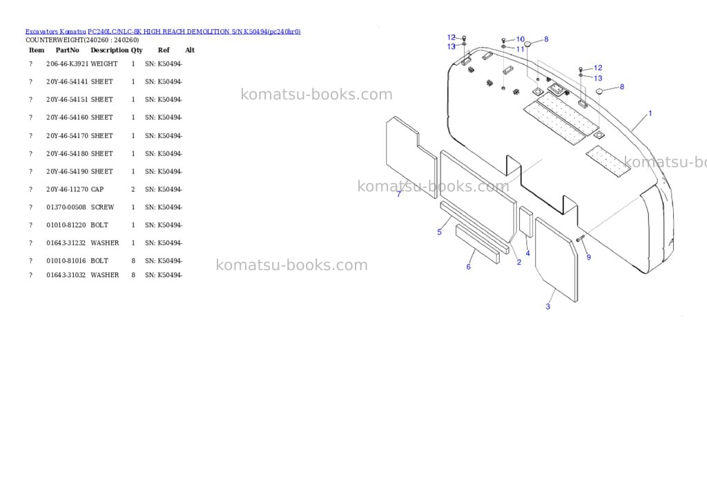 Komatsu pc240lc/nlc-8k high reach demolition s/n k50494 Parts catalog cover Page 4 Komatsu pc240lc/nlc-8k high reach demolition s/n k50494 Parts catalog cover Page 4