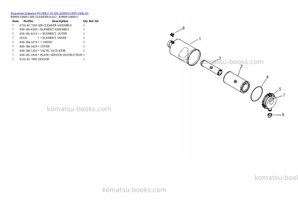 Komatsu pc240lc-10 s/n a20001-up Parts catalog cover Page 5 Komatsu pc240lc-10 s/n a20001-up Parts catalog cover Page 5