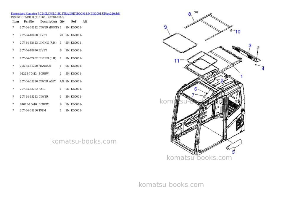 Komatsu pc240lc/nlc-8k straight boom s/n k50001-up Parts catalog cover Page 5 Komatsu pc240lc/nlc-8k straight boom s/n k50001-up Parts catalog cover Page 5