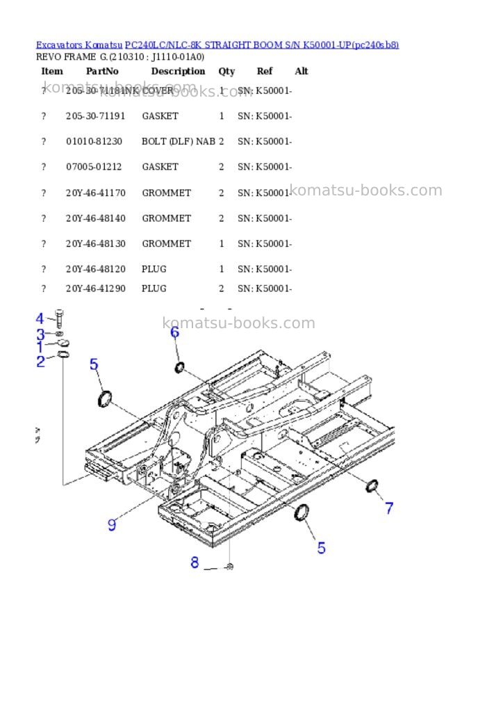 Komatsu pc240lc/nlc-8k straight boom s/n k50001-up Parts catalog cover Page 9 Komatsu pc240lc/nlc-8k straight boom s/n k50001-up Parts catalog cover Page 9