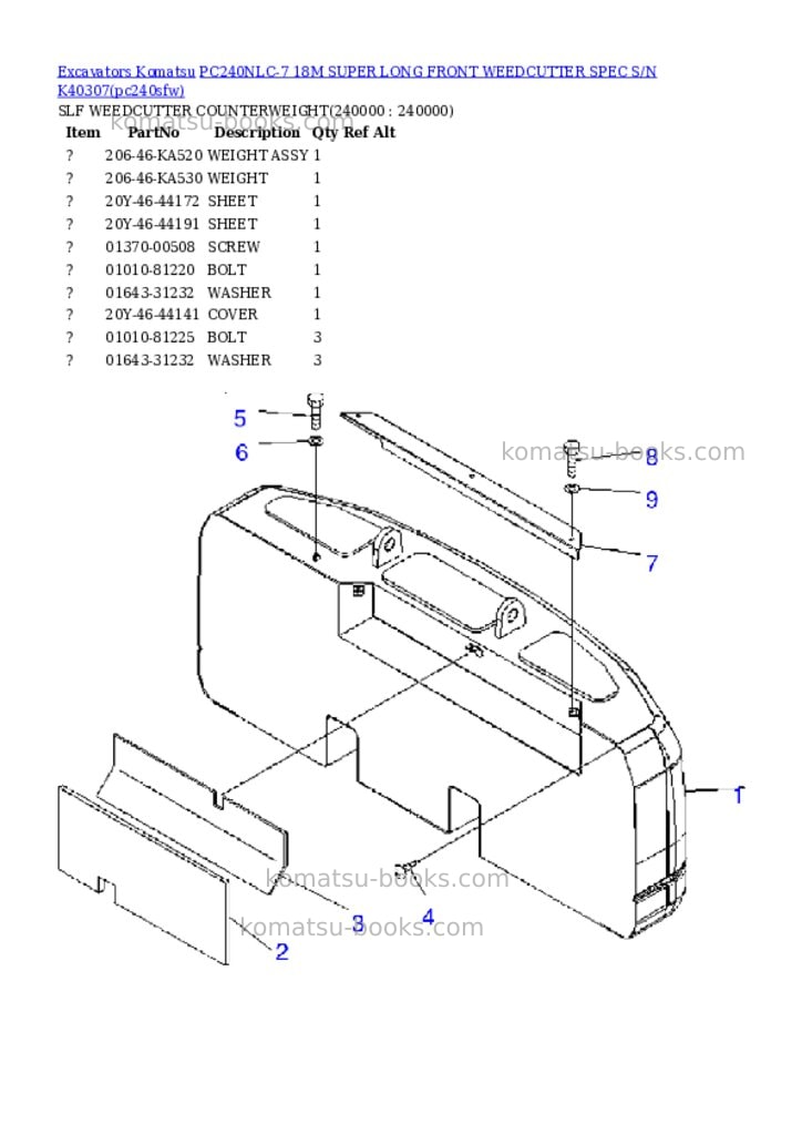 Komatsu pc240nlc-7 18m super long front weedcutter spec s/n k40307 Parts catalog cover Page 2 Komatsu pc240nlc-7 18m super long front weedcutter spec s/n k40307 Parts catalog cover Page 2