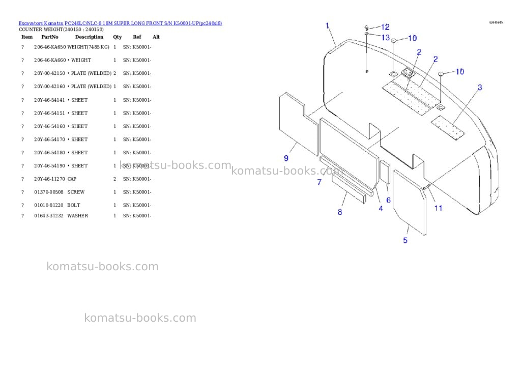 Komatsu pc240lc/nlc-8 18m super long front s/n k50001-up Parts catalog cover Page 5