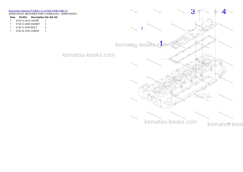 Komatsu pc290lc-11 a27001-up Parts catalog cover Page 4 Komatsu pc290lc-11 a27001-up Parts catalog cover Page 4