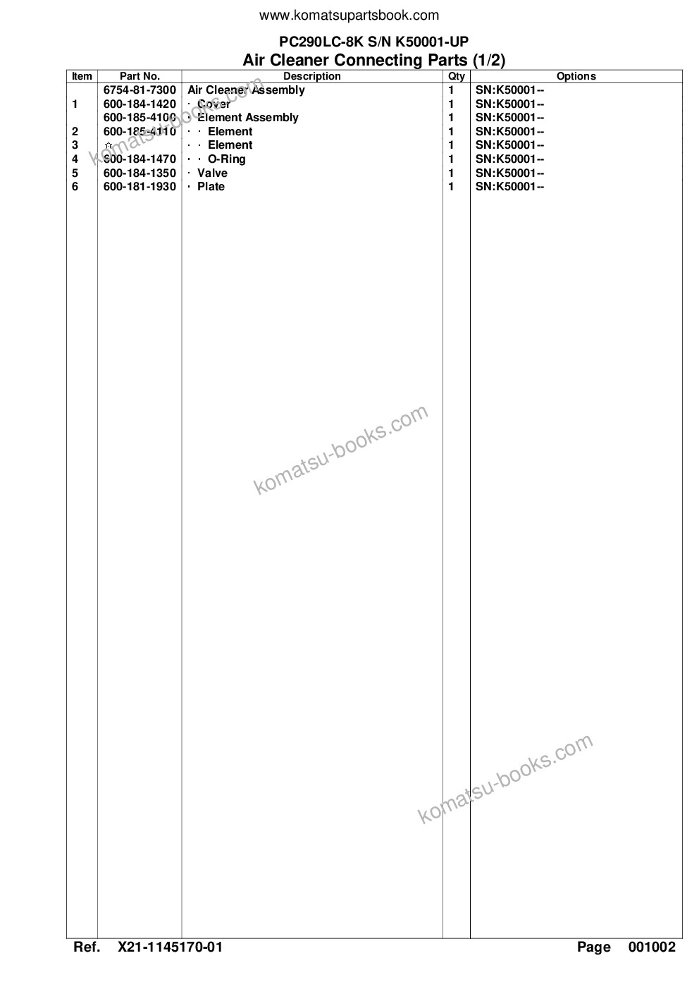 Komatsu pc290lc-8k s/n k50001-up Parts catalog cover Page 6 Komatsu pc290lc-8k s/n k50001-up Parts catalog cover Page 6