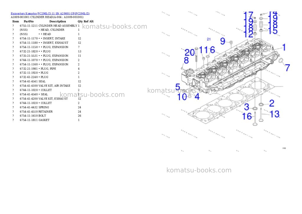 Komatsu pc290lci-11 sn a29001-up Parts catalog cover Komatsu pc290lci-11 sn a29001-up Parts catalog cover