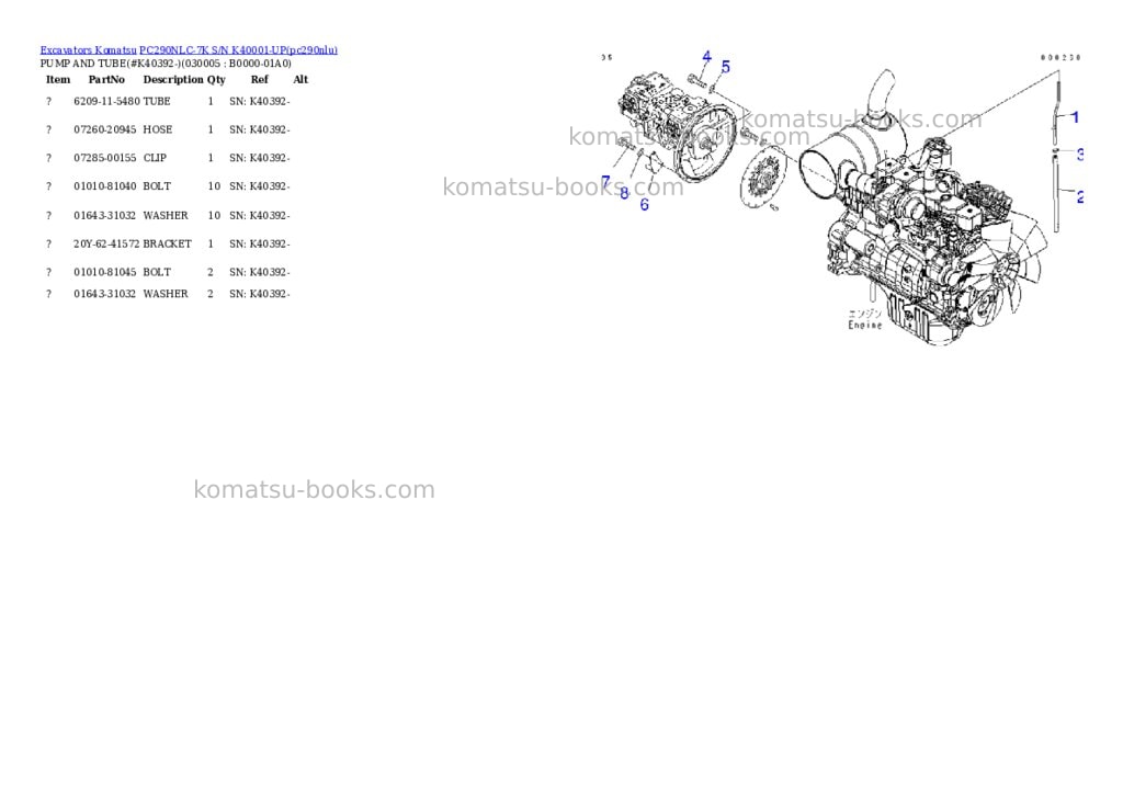 Komatsu pc290nlc-7k s/n k40001-up Parts catalog cover Komatsu pc290nlc-7k s/n k40001-up Parts catalog cover