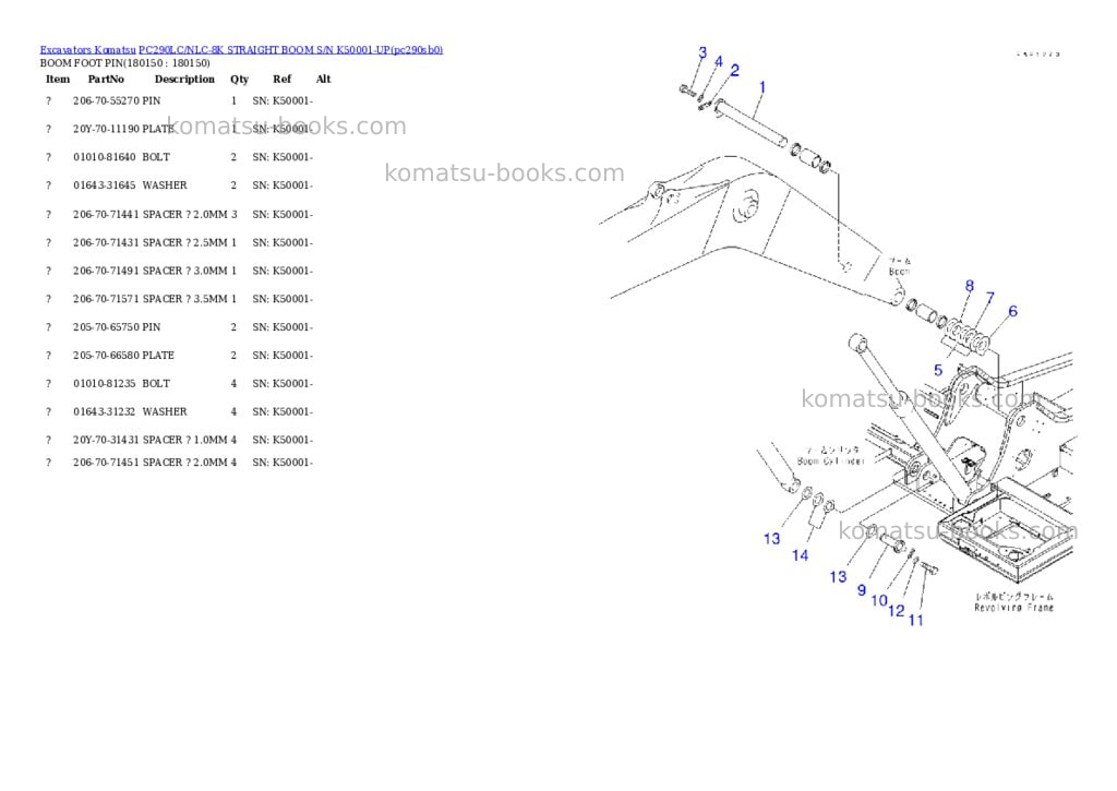 Komatsu pc290lc/nlc-8k straight boom s/n k50001-up Parts catalog cover