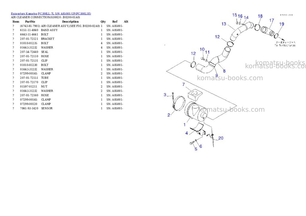 Komatsu pc300ll-7l s/n a85001-up Parts catalog cover