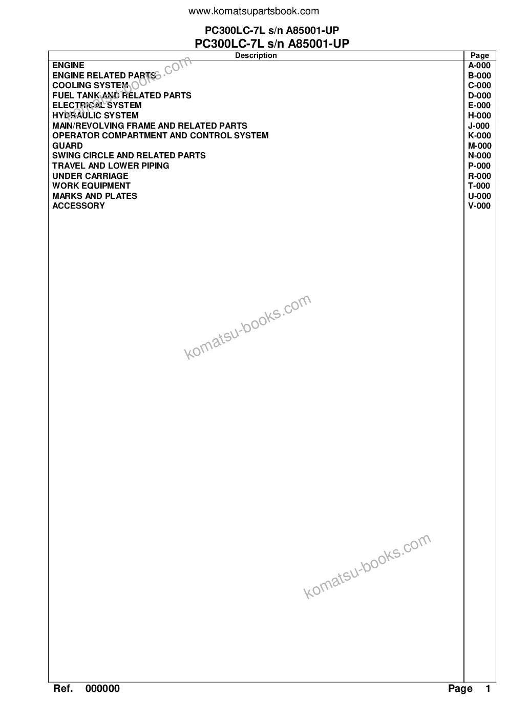 Komatsu pc300lc-7l s/n a85001-up Parts catalog cover
