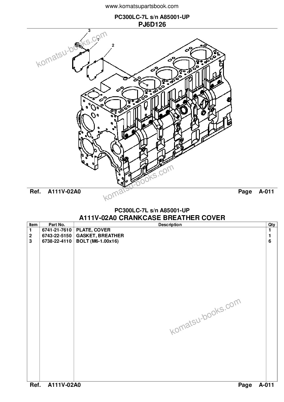 Komatsu pc300lc-7l s/n a85001-up Parts catalog cover Page 8