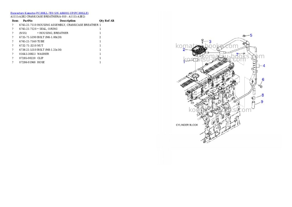 Komatsu pc300ll-7e0 s/n a86001-up Parts catalog cover