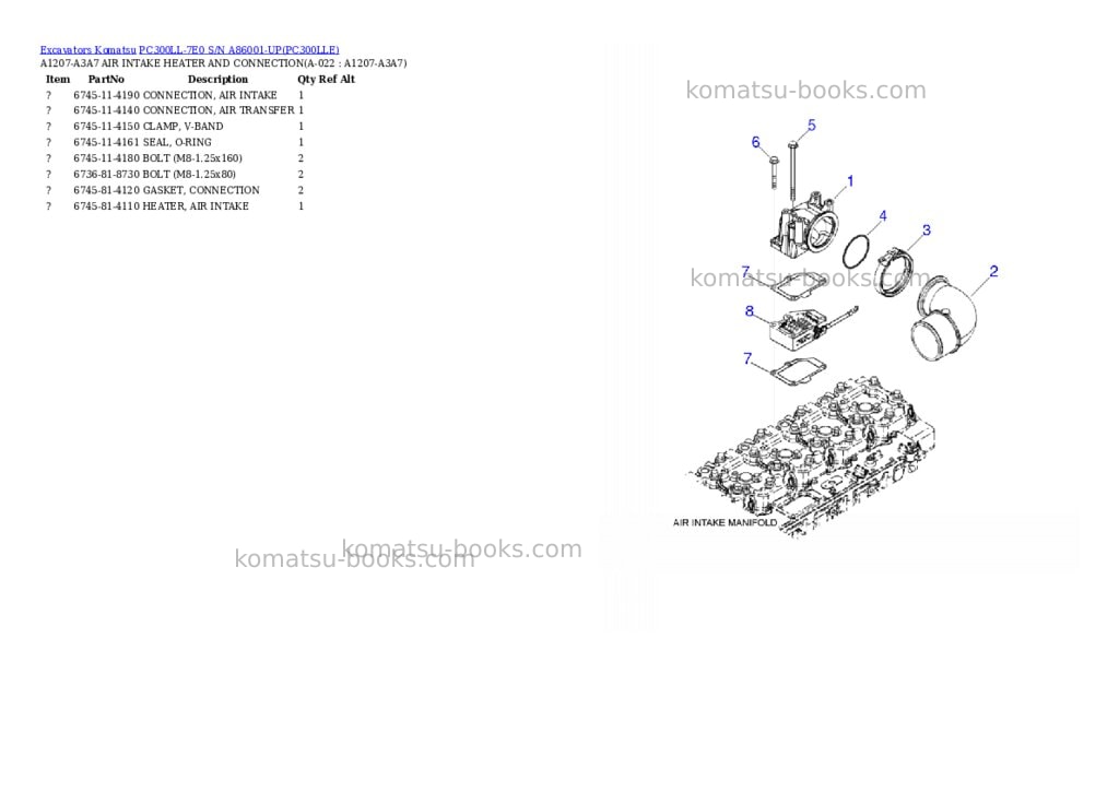 Komatsu pc300ll-7e0 s/n a86001-up Parts catalog cover Page 6