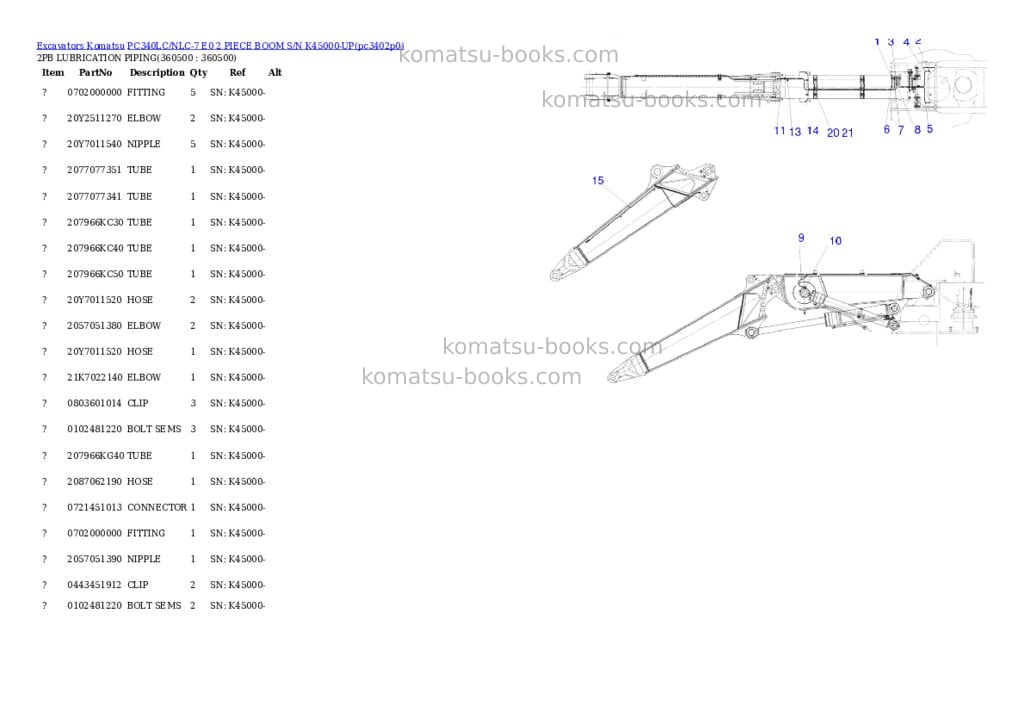 Komatsu pc340lc/nlc-7 e0 2 piece boom s/n k45000-up Parts catalog cover Page 6