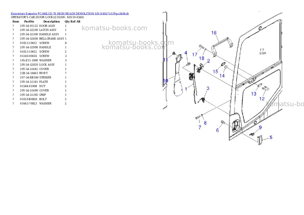 Komatsu pc340lcd-7k high reach demolition s/n k40575-up Parts catalog cover
