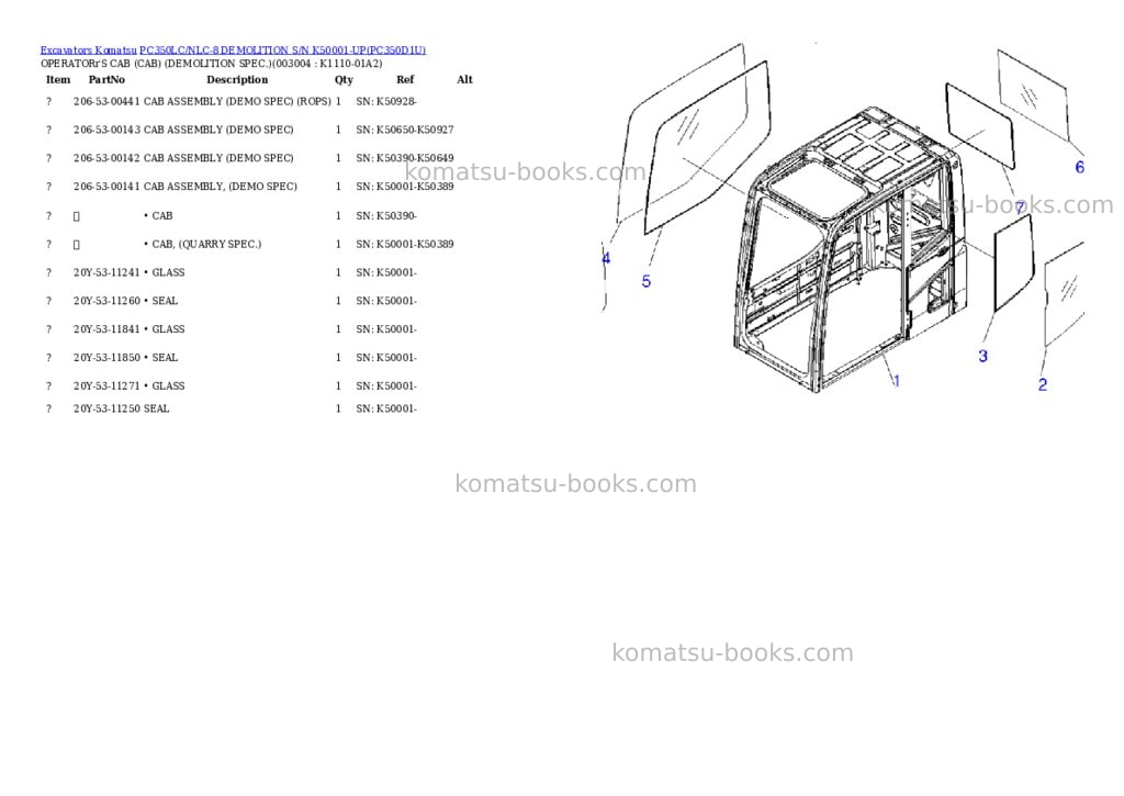 Komatsu pc350lc/nlc-8 demolition s/n k50001-up Parts catalog cover Page 6 Komatsu pc350lc/nlc-8 demolition s/n k50001-up Parts catalog cover Page 6