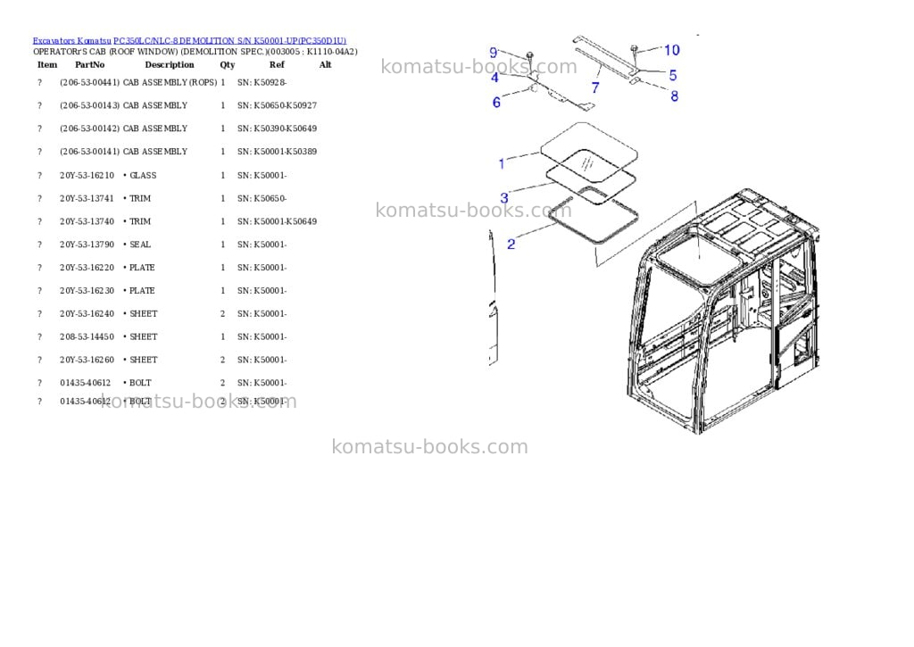 Komatsu pc350lc/nlc-8 demolition s/n k50001-up Parts catalog cover Page 7 Komatsu pc350lc/nlc-8 demolition s/n k50001-up Parts catalog cover Page 7