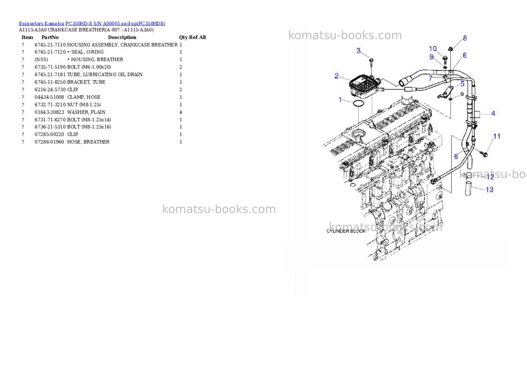 Komatsu pc350hd-8 s/n a00001 and up Parts catalog cover Komatsu pc350hd-8 s/n a00001 and up Parts catalog cover