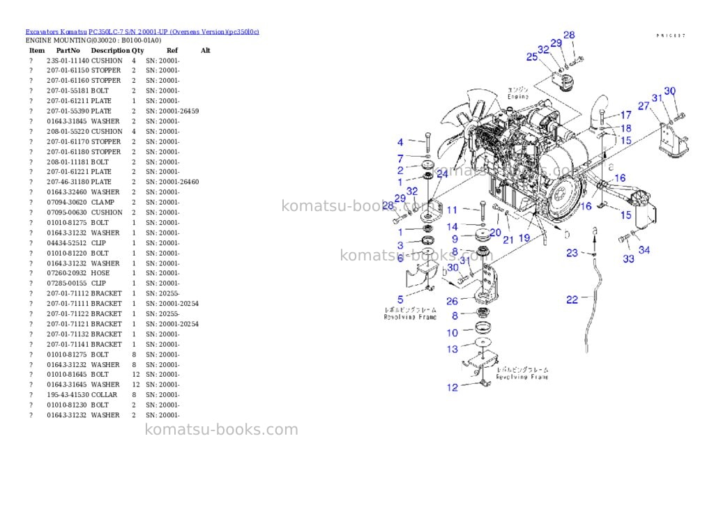 Komatsu pc350lc-7 s/n 20001-up overseas version Parts catalog cover