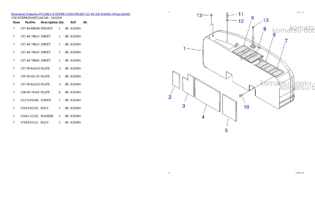 Komatsu pc350lc-8 super long front 22 m s/n k50001-up Parts catalog cover Page 6 Komatsu pc350lc-8 super long front 22 m s/n k50001-up Parts catalog cover Page 6
