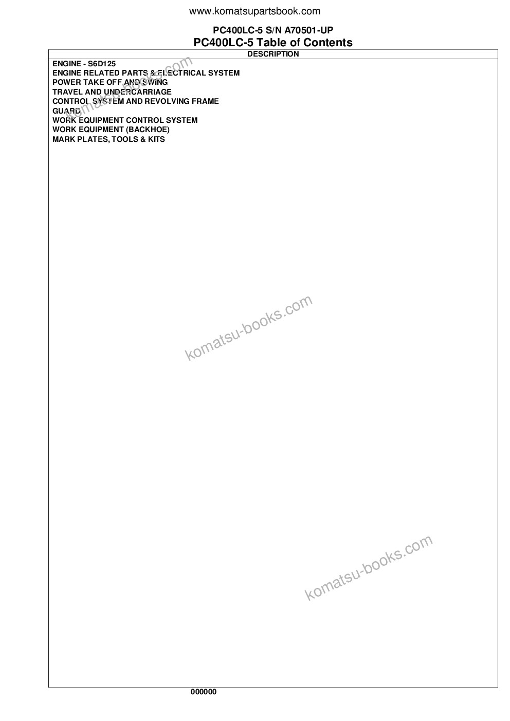 Komatsu pc400lc-5 s/n a70501-up Parts catalog cover Page 2 Komatsu pc400lc-5 s/n a70501-up Parts catalog cover Page 2