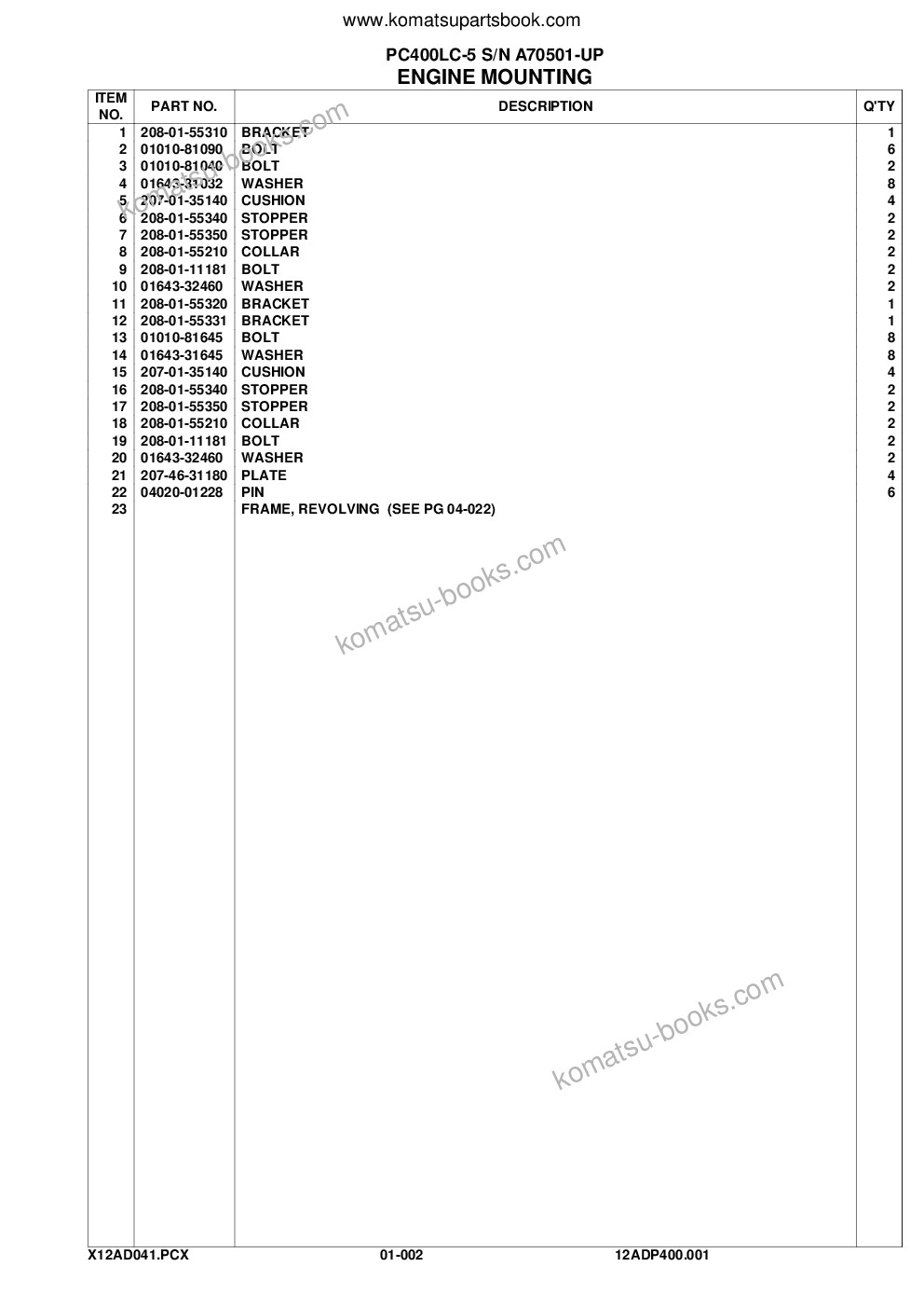 Komatsu pc400lc-5 s/n a70501-up Parts catalog cover Page 5 Komatsu pc400lc-5 s/n a70501-up Parts catalog cover Page 5