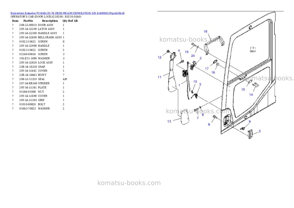 Komatsu pc450lcd-7k high reach demolition s/n k40098-up Parts catalog cover Page 7