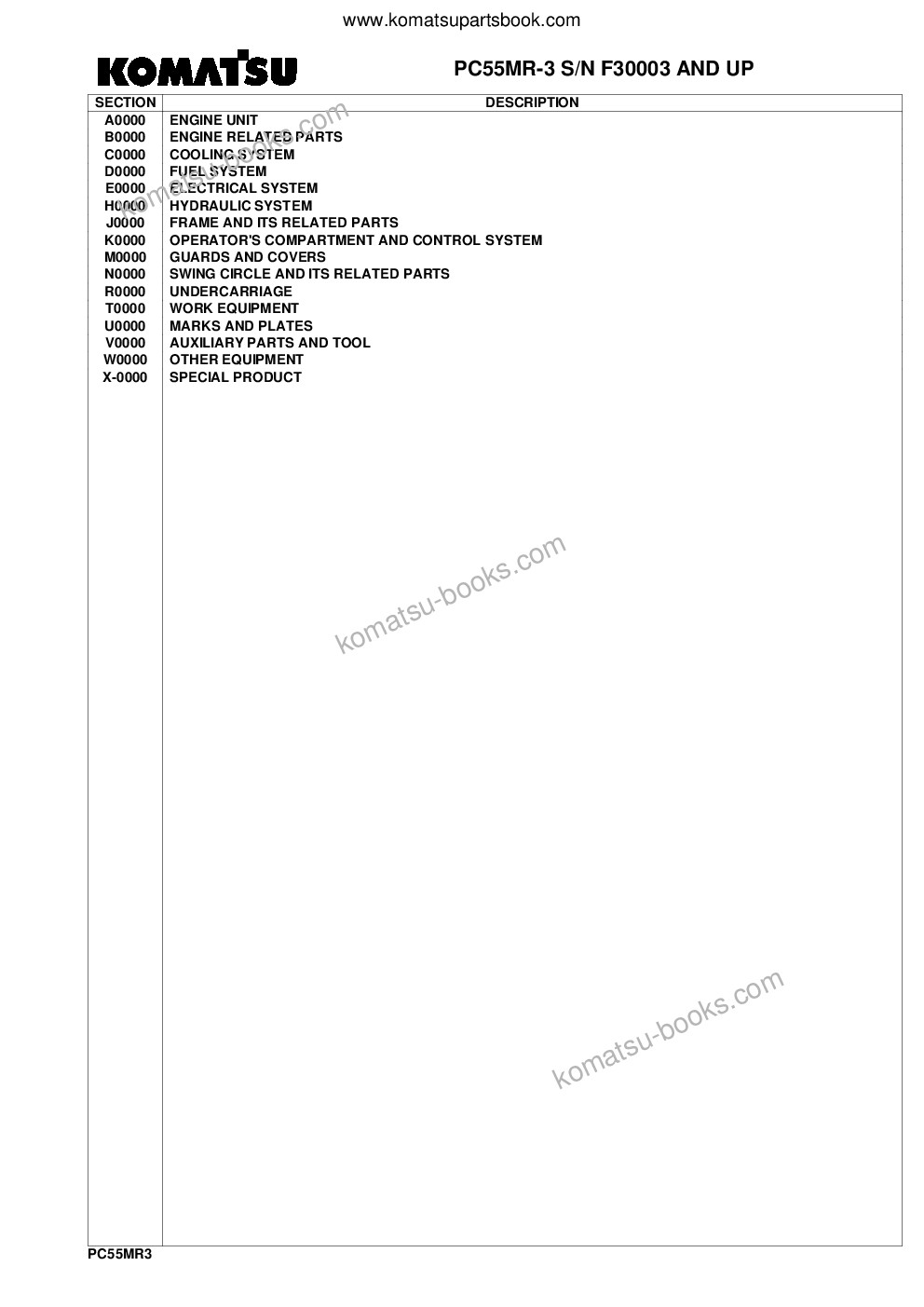 Komatsu pc55mr-3 s/n f30003 and up Parts catalog cover