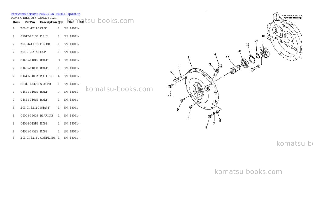 Komatsu PC60-3 S/N 18001-UP Parts catalog cover