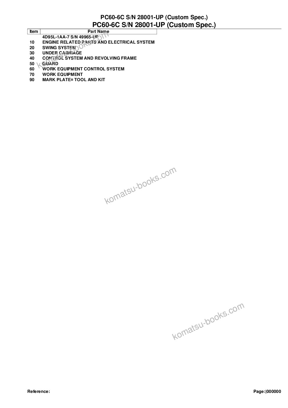 Komatsu PC60-6C S/N 28001-UP (Custom Spec.) Parts catalog cover Komatsu PC60-6C S/N 28001-UP (Custom Spec.) Parts catalog cover