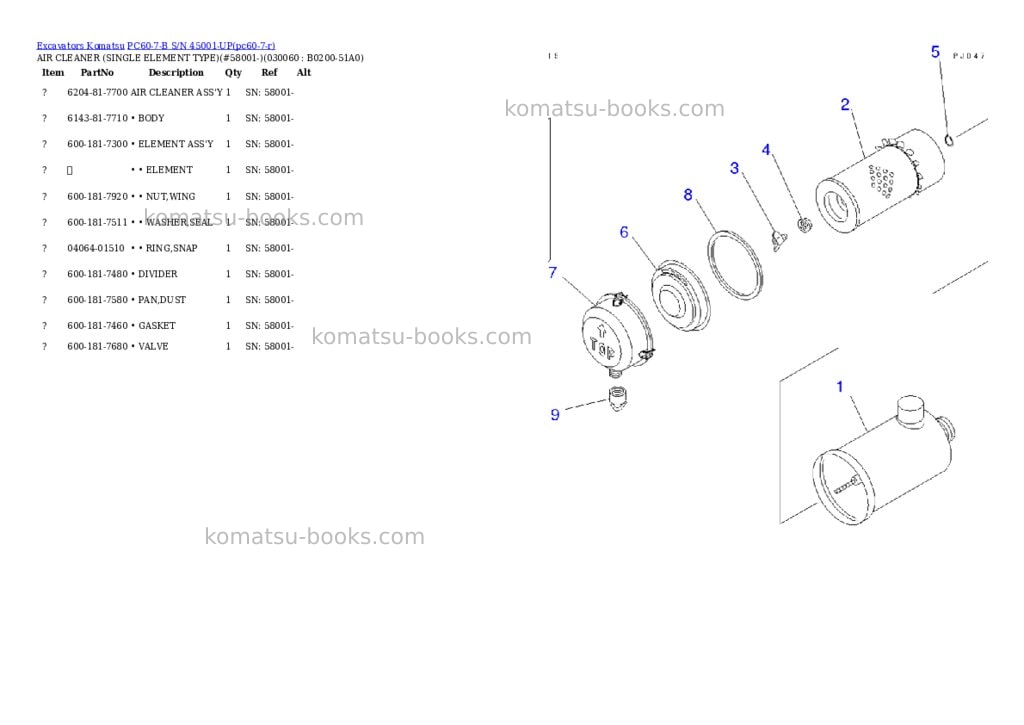 Komatsu pc60-7-b s/n 45001-up Parts catalog cover Page 5