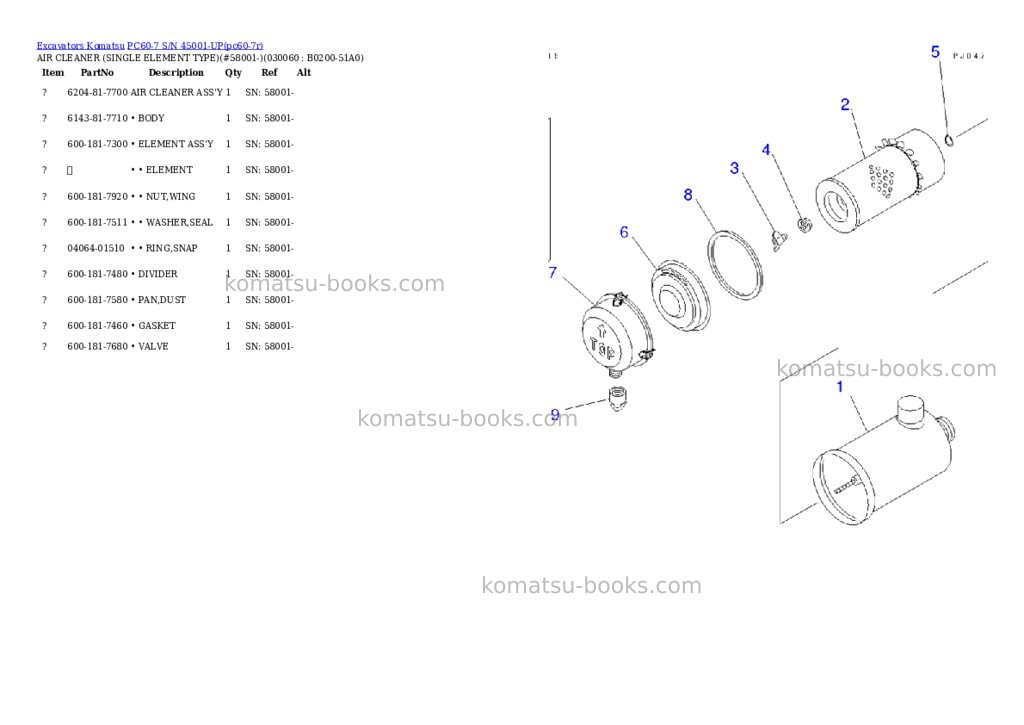Komatsu PC60-7 S/N 45001-UP Parts catalog cover Page 5