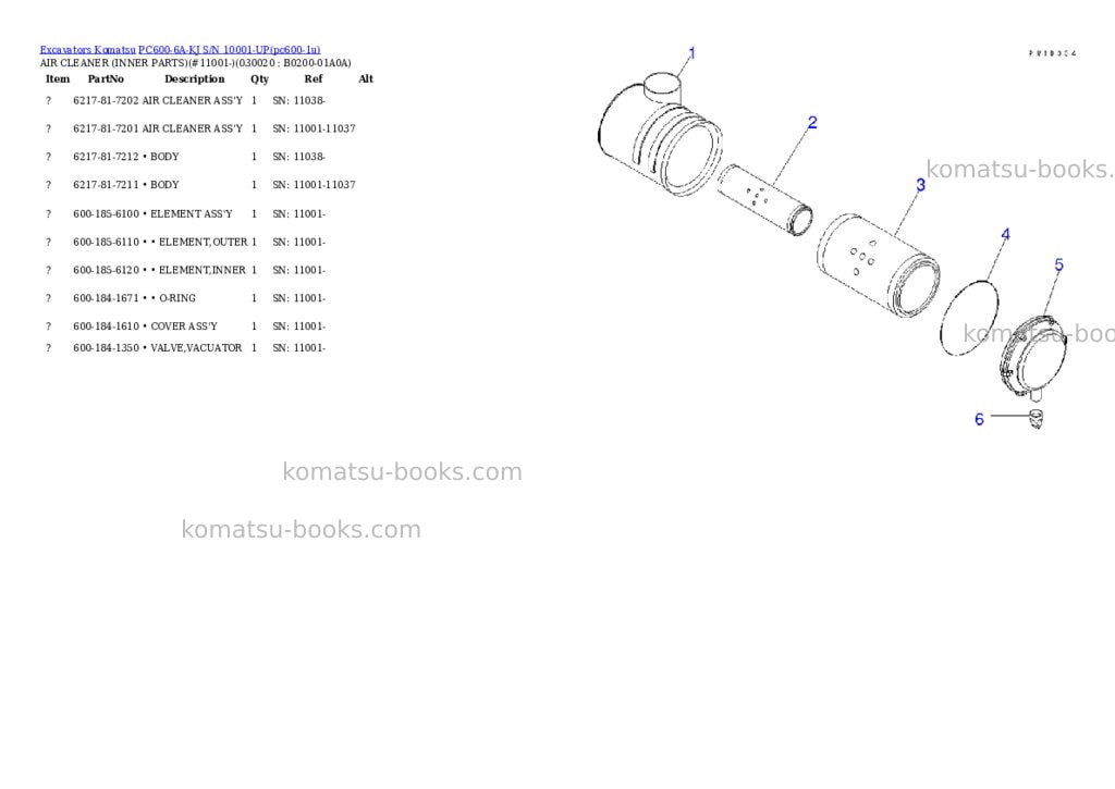 Komatsu pc600-6a-kj s/n 10001-up Parts catalog cover