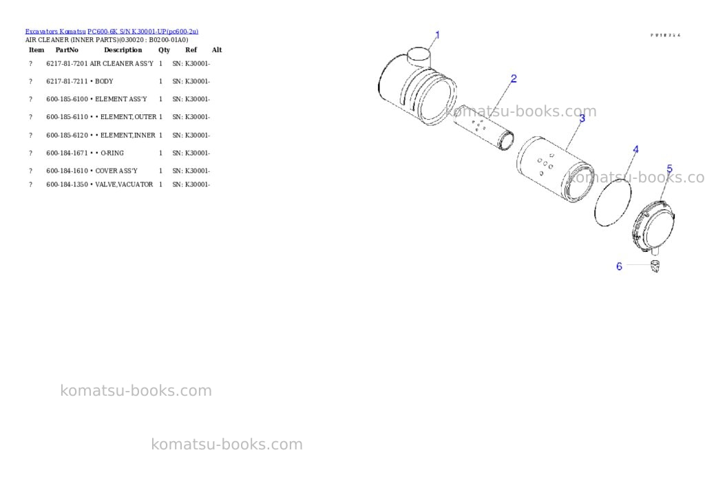 Komatsu pc600-6k s/n k30001-up Parts catalog cover Komatsu pc600-6k s/n k30001-up Parts catalog cover