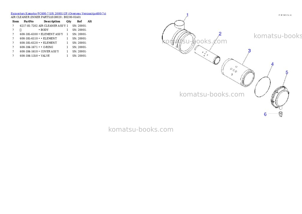 Komatsu pc600-7 s/n 20001-up overseas version Parts catalog cover