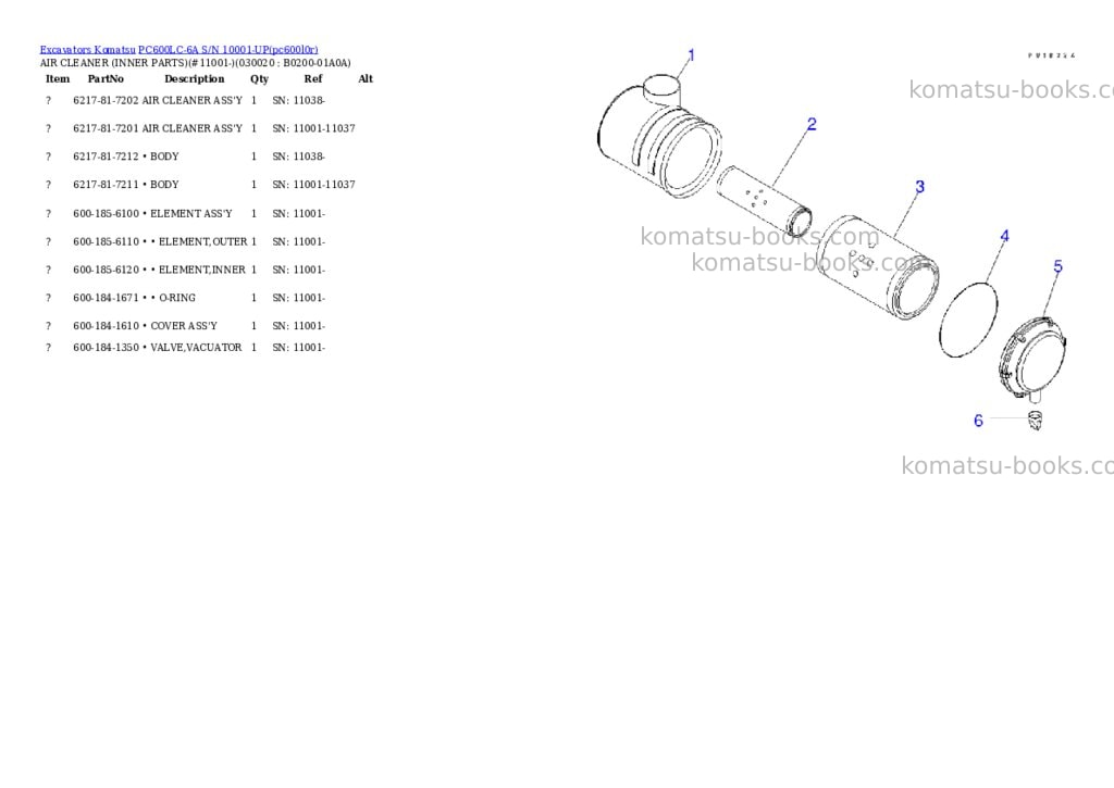 Komatsu pc600lc-6a s/n 10001-up overseas version Parts catalog cover