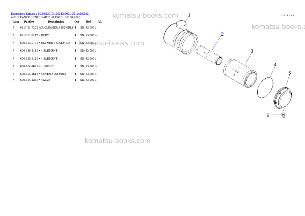 Komatsu pc600lc-7k s/n k40001-up Parts catalog cover